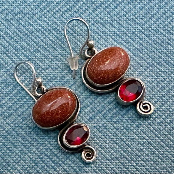 Jewelry - Glittered Stone Red Quartz Dangle Fishhook .925 Sterling Silver Earrings